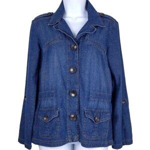 French Cuff Women's blue Jean Jacket Button up tab long sleeve Size Small